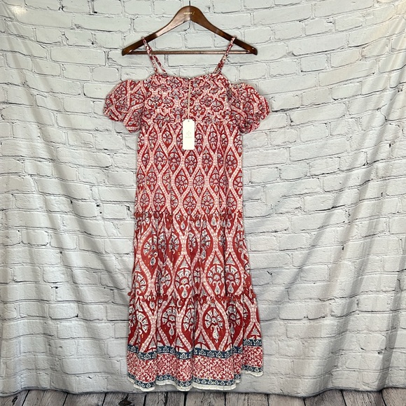 Ash & Eden Red Fenya Pom Pom Tiered Midi Cotton Dress Cotton Size Small - Picture 4 of 16